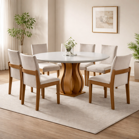 Conjunto Sala de Jantar Mesa Nuance 135cm Redonda Tampo Vidro/MDP com 6 Cadeiras Mônaco Yescasa