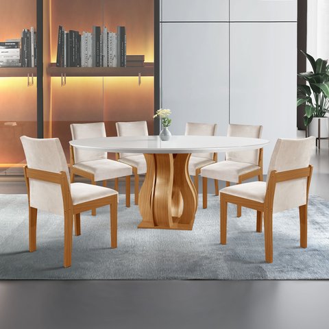 Conjunto Sala de Jantar Mesa Nuance 135cm Redonda Tampo Vidro/MDP com 6 Cadeiras Mônaco Yescasa