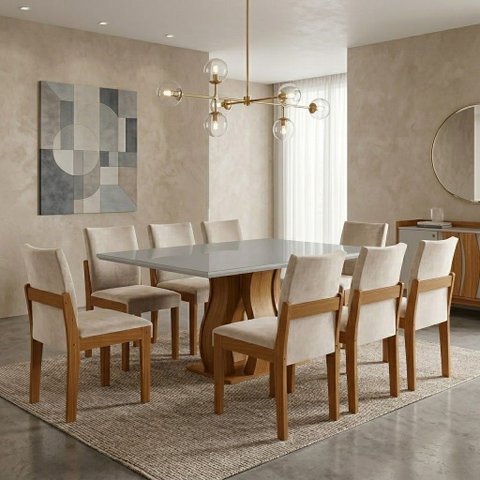 Conjunto Sala de Jantar Mesa Nuance Tampo Vidro/MDP com 8 Cadeiras Mônaco Yescasa
