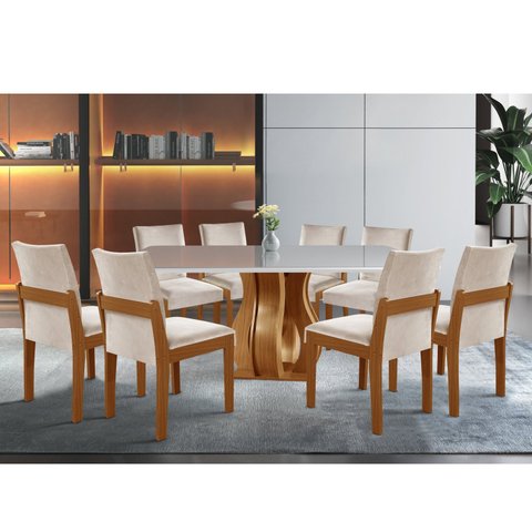 Conjunto Sala de Jantar Mesa Nuance Tampo Vidro/MDP com 8 Cadeiras Mônaco Yescasa