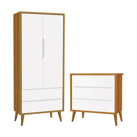 Jogo de Quarto Infantil Theo Retrô Guarda Roupa 2 Portas e Cômoda Branco/Savana com Pés
