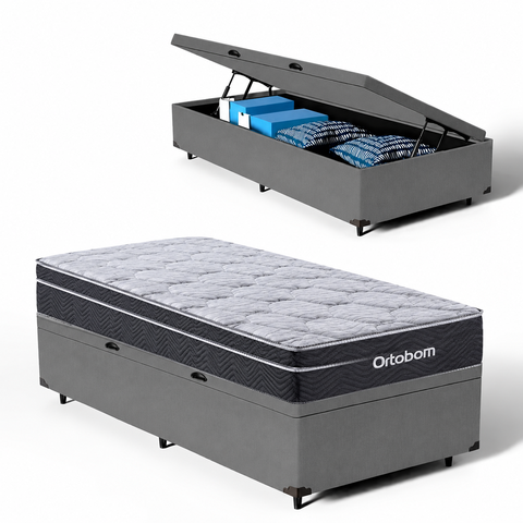 Cama Box Baú Solteiro Suede Cinza + Colchão Ortobom Elegant Superpock