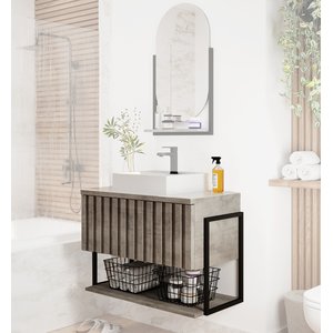 Gabinete Balcão Suspenso Cuba Marmorite Havaí 60 cm Aço Banheiro 1 Porta 1 Prateleira Cinza