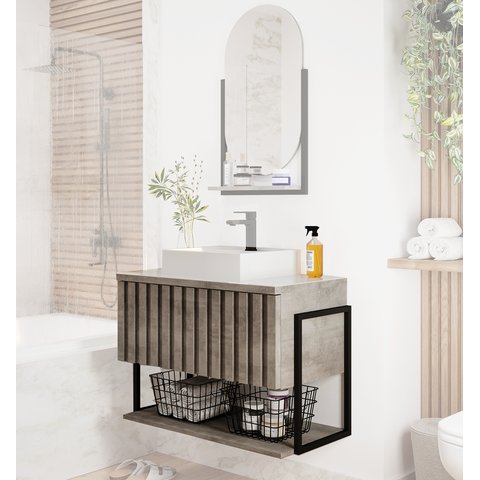 Gabinete Balcão Suspenso Cuba Marmorite Havaí 60 cm Aço Banheiro 1 Porta 1 Prateleira Cinza