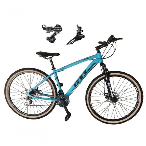 Bicicleta Aro 29 Gti Roma Alumínio 21v Câmbios Shimano Freio a Disco C- Pneu Faixa Bege Azul 19