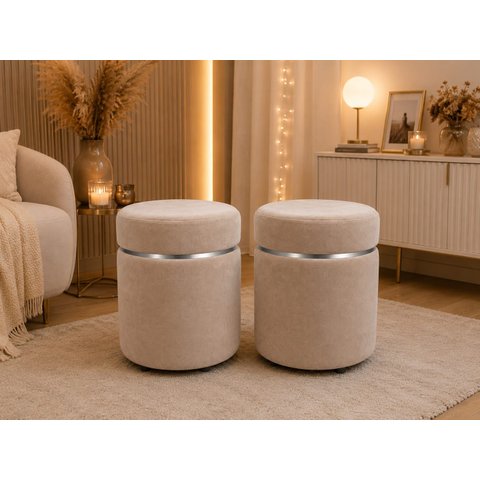 Kit de Puff com Cinta Superior Prata Bege Veludo - Let Móveis