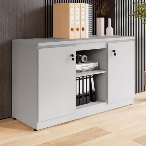 Armário Baixo Escritório 2 Portas 3 Prateleiras MDP 120cm Cinza com Chaves Nichos F5 Office