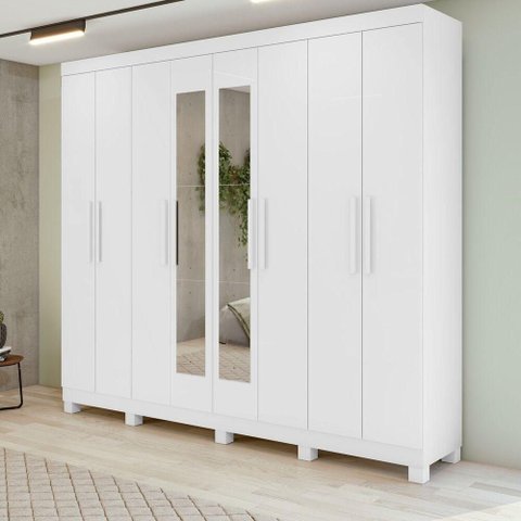 Guarda-roupa New Andara 8 Portas 4 Gavetas com Espelho e Pés Branco