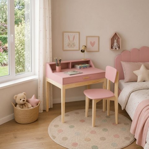 Escrivaninha Infantil para Quarto Teen MDF 1 Gaveta com Cadeira Infantil Rosa