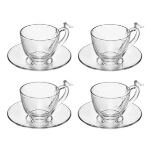 Cj 4 Xícaras P/café C/pires de Vidro Bird Transparente 80ml Wolff