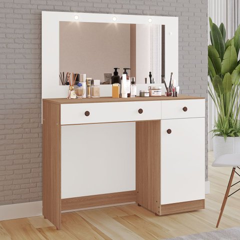 Penteadeira Belle 100% MDF 1 Porta 2 Gavetas 3 Luminárias