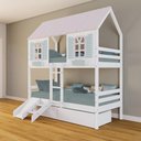 Ver imagem 1 de Beliche Casinha Bela com 2 Gavetas Kit Escada/escorregador - Madeira Maciça Branco/rosa/verde |