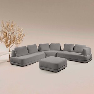 Sofá de Canto Modulado Vercelli 602cm com Almofadas Soltas e Puff Veludo Luxo Cinza G92 - Gran Belo