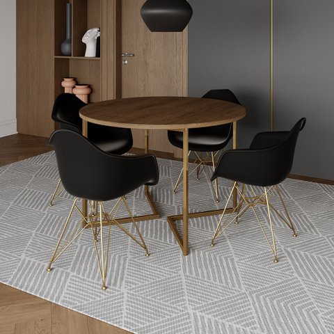 Mesa Jantar Industrial Amêndoa 110cm Redonda Base V com 4 Poltronas Eames Eiffel Daw Pretas Base Dou