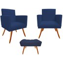 Ver imagem 1 de Kit 2 Poltronas Decorativa Nina + Puff Retangular Suede Azul Marinho Pés Madeira Ms Decor