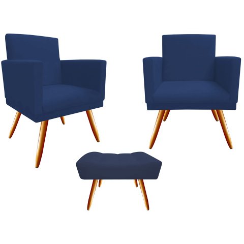Kit 2 Poltronas Decorativa Nina + Puff Retangular Suede Azul Marinho Pés Madeira Ms Decor