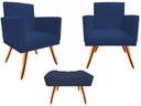 Ver imagem 1 de Kit 2 Poltronas Decorativa Nina + Puff Retangular Suede Azul Marinho Pés Madeira Ms Decor