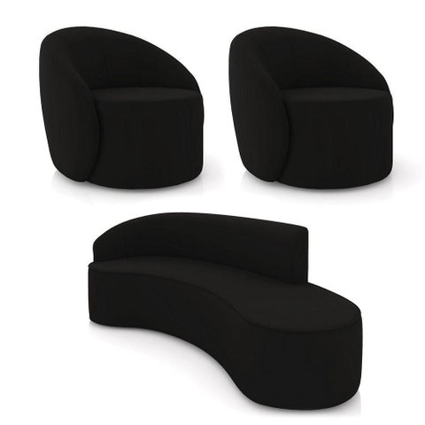 Sofá 4 Lugares Orgânico 220cm Morgan e 2 Poltronas Lua Veludo Preto D03 - D'Rossi