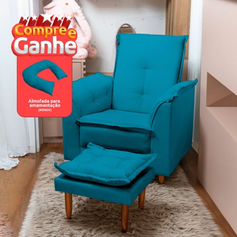 Poltrona Amamentação e Puff Ariel Suede Azul Tiffany Espuma D26 Tana Decor