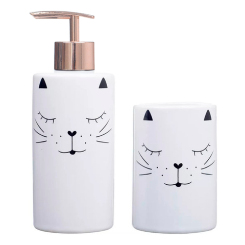 Kit Banheiro Lavabo Jogo Sabonete Líquido 2 Peças / Gatinho