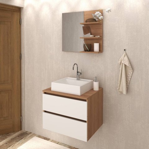 Conjunto Kit para banheiro 60cm com Gabinete espelheira e cuba CJ43018-111 Móvel na Caixa Videira Am