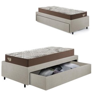Base Box Cama Solteirão Sapateira Courino Linho Areia e Colchão Relax Adorabile Ecoflex 96x203