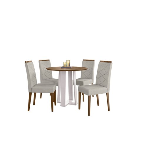 Conjunto Mesa Isabela sem Tampo de Vidro 100cm com 4 Cadeiras Caroline - Off White / Imbuia / Wd22