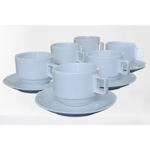 Kit Jogo 6 Xícaras Café Chá com Pires - 200ml Empilháveis - Porcelana Branca