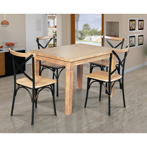 Mesa Jantar Retangular Madeira Maciça Aurora 120x80 com 4 Cadeiras Paris Base Alumínio - Natural