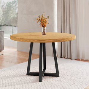 Mesa Redonda Madeira Maciça e Aço para Sala de Jantar Industrial Rustic Yescasa