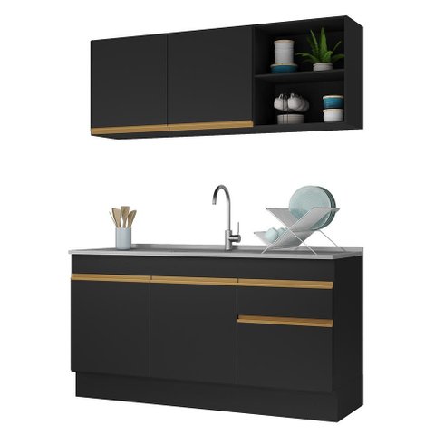 Armário de Cozinha Compacta 150cm com Rodapé Veneza Multimóveis V2114 Preto/Dourado