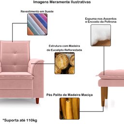 Poltrona de Amamentação Quarto Infantil com Puff Kate Pés Palito Suede Rosê - New Belle Poltrona com - 3
