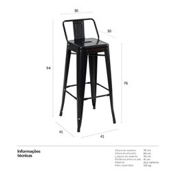 KIT - 8 x banquetas altas Iron Tolix com encosto - 76 cm - Preto - Semibrilho - 5