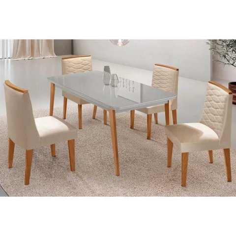 Conjunto Sala de Jantar Havana C/ Tampo Madeirado C/ Vidro Canto Curvo 120x80cm e 4 Cadeiras