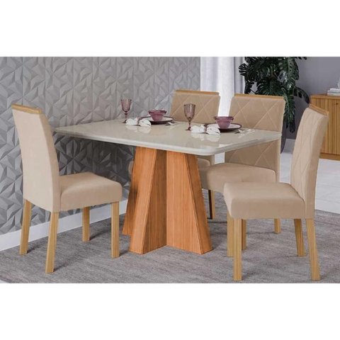 Sala de Jantar Completa Maitê Tampo Madeirado C/ Vidro 130x80cm e 4 Cadeiras Fernanda Cinamomo/off