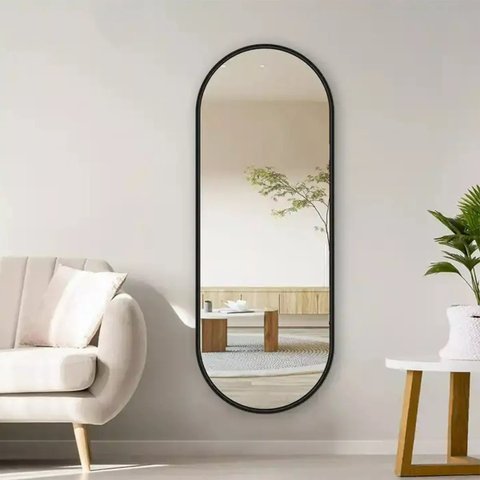 Espelho Oval com Moldura Alumínio Preta 130x45cm