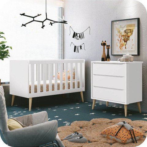 Quarto de Bebê Berço + Cômoda 3 Gavetas Branco Theo Madeira Natural