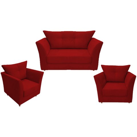 Kit Namoradeira + 2 Poltronas Decorativa Isis Suede Vermelho Pés Madeira Ms Decor