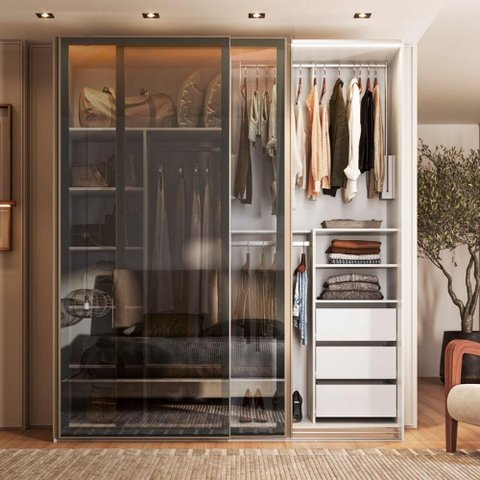 Guarda Roupa Casal 2 Portas Correr Vidro Reflecta com LED 200cm x 55,8cm x 230cm 100% MDF Cor:Branco