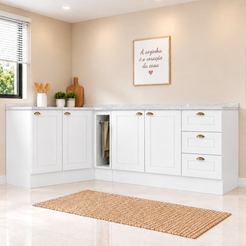 Cozinha Compacta 4 Peças com Balcão Pia / Canto Reto e Porta Toalhas com Tampo 100% MDF Emily