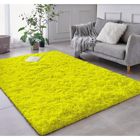 Tapete Saturs Shaggy Pelo Alto Amarelo  - 200 x 240 cm Tapete para Sala e Quarto