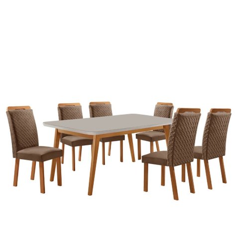 Mesa de Jantar Copper 180cm Madeira Tampo Vidro Canto Copo com 6 Cadeiras Aline