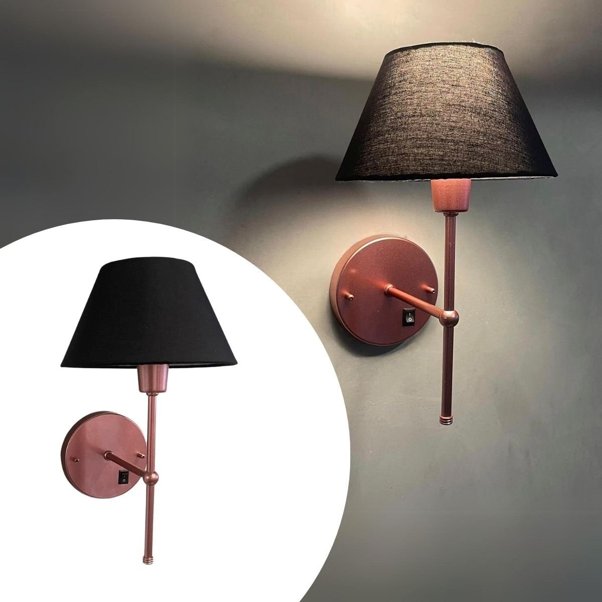 Arandela Classica Colonial Interruptor Cupula Tecido Algodao Bivolt Rose Gold com Cupula Preta - 1