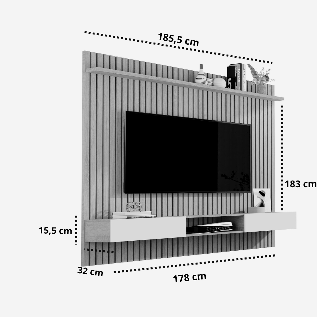 Painel com Nicho Suspenso Para Sala Venus Ripado 1.8 TV até 72 Pol.:Nature/Off White - 3