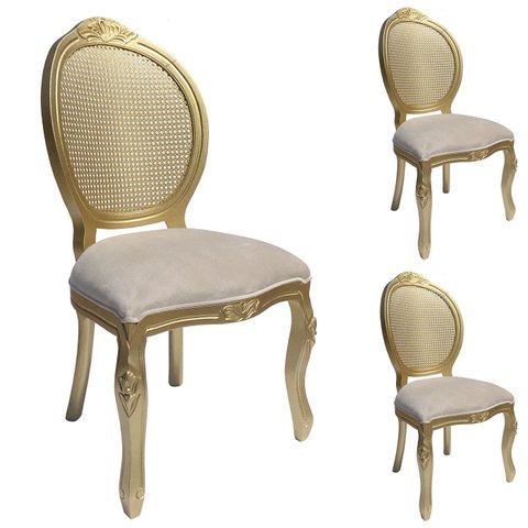 3 Cadeira Medalhão Madeira Entalhada com Tela Telinha Palhinha Poltrona Natural Provençal Indiana de