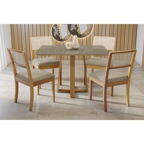 Sala Jantar Mesa Elma Premium Madeira Maciça C/ Tampo Madeirado C/ Vidro 120x80cm e 4 Cadeiras Lola