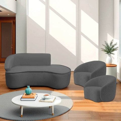 Kit Divã Recamier Orgânico Marrocos 200cm Lado Direito e 2 Poltronas Amore Linho Cinza Escuro