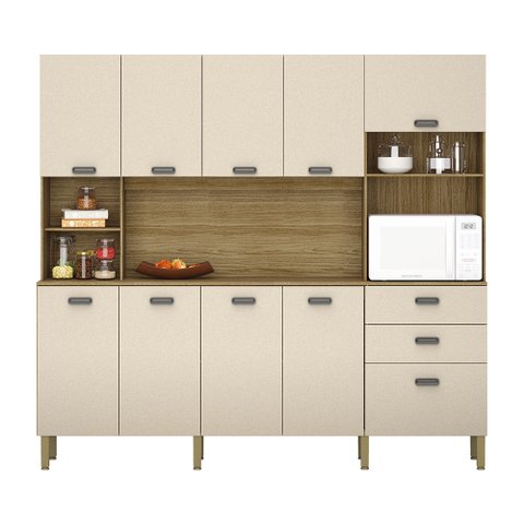 Armário de Cozinha Compacta 10 Portas e 2 Gavetas 222cm Sense Freijó/vanilla - Pallazio