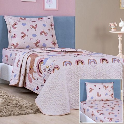 Enxoval Kit Colcha + Jogo de Cama Lençol Bouti Solteiro Infantil Kids 4 Peças 100% Poliéster -