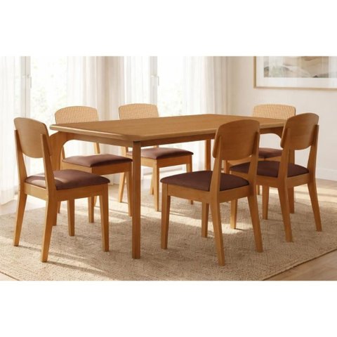 Sala Jantar Mesa Londrina Tampo Curvo 180cm+6 Cadeiras Havana Naturale - Suede Marrom - Rufato